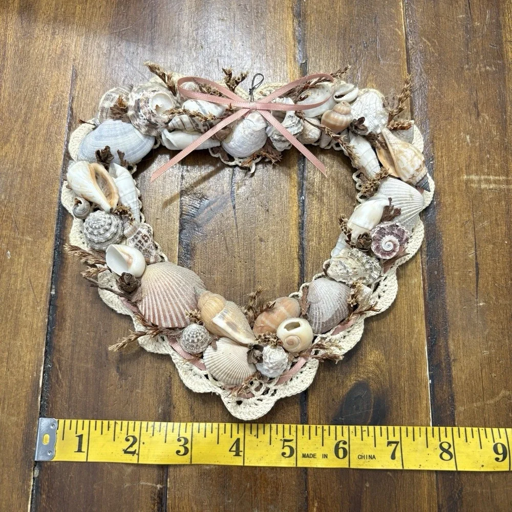 Vtg Handmade Sea Shell Doily Heart Shaped Wall Decor Granny Cottage Beach House